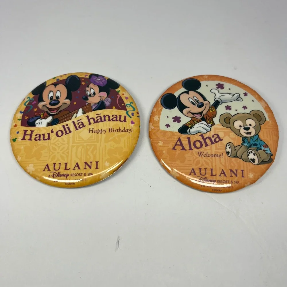 Aulani Disney Resort Mickey Minnie Aloha Hauoli Birthday‎ Button Pins Set of 2